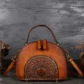 Vintage genuine leather handbag top handle shoulder bag with exquisite embossed pattern detail. - Fallen Orange Brown