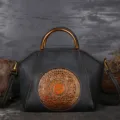 Vintage genuine leather handbag for women, elegant embossed mandala tote shoulder crossbody bag. - Graphite Grey