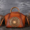 Vintage top-layer cowhide leather handbag for women, retro mandala embossed shoulder crossbody bag. - Fallen Orange Brown