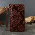 Vintage embossed genuine leather women wallet long clutch with wrist strap daily use. - Brown