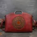 Vintage leather handbag, red embossed totem crossbody tote bag, elegant top handle bag. - Red