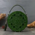 Retro embossed round leather handbag for women, elegant green shoulder messenger bag with tassel. - Green
