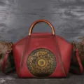 Retro genuine leather embossed shoulder handbag for women vintage top layer cowhide tote bag - Bean Paste Red