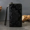 Women genuine leather embossed long wallet with wrist strap, vintage black purse. - Black