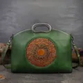 Retro genuine leather women handbag, embossed totem top-layer cowhide crossbody shoulder bag - Green