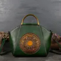 Vintage green leather handbag with embossed mandala totem, stylish top handle shoulder bag. - Green