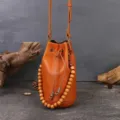 Handmade leather bucket bag for women vintage brown crossbody shoulder bag with wooden beads - Brown