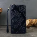 Dark blue embossed genuine leather women wallet with wrist strap, retro floral design. - Blue
