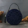 Vintage embossed round leather handbag in dark blue, chic top handle shoulder crossbody bag. - Blue