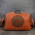 retro genuine leather women top handle crossbody bag vintage embossed mandala totem tote purse - Brown