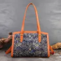 Vintage Floral Embroidered Women Shoulder Bag Large Capacity Tote Boston Handbag New - Indigo Brown