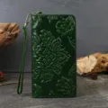 Green genuine leather embossed long wallet for women with wrist strap vintage purse chic design - Green