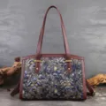 Vintage floral brocade women's shoulder bag large capacity tote handbag new style - Indigo Coffee