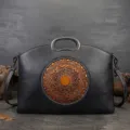 Vintage genuine leather handbag with embossed totem, black tote bag with metallic handle and strap. - Gray