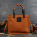 Genuine leather women handbag retro shoulder crossbody tote bag top handle casual square bag. - Brown