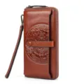 Women's genuine leather long wallet vintage brown cowhide phone bag with wrist strap. - Brown