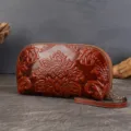 Vintage embossed genuine leather clutch bag for women, retro oil wax cowhide phone purse. - Brown