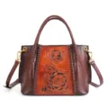Handgefertigte Vintage Leder Tasche Damen Blumen Prägung Schulter Umhängetasche braun - Kaffeebraun
