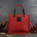Red leather shoulder bag, stylish retro top-handle tote purse with black handles for women. - Red