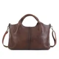 Retro brown genuine leather tote bag, soft cowhide handbag with shoulder strap and handles. - Coffee
