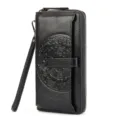 Black genuine leather long wallet, stylish retro embossed phone bag with wrist strap. - Black