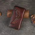 Genuine leather long wallet with embossed eagle design, zip around purse for men and women. - Brown