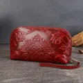 Vintage embossed genuine leather clutch bag for women, dark red phone pouch with strap. - Burgundy