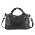 Black genuine leather tote bag for women, large capacity vintage shoulder handbag with top handle. - Black