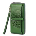 Women genuine leather long wallet retro green zip phone bag with wrist strap card holder - Green