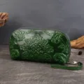 Vintage green embossed leather clutch wallet for women, stylish phone bag with wrist strap. - Green