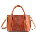 Retro hand-carved genuine leather tote bag, top-grain cowhide woven crossbody handbag. - Brown