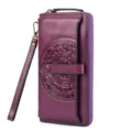Purple genuine leather women's long wallet, large capacity multi-card phone bag with wristlet. - Purple