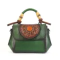 Vintage embossed leather women handbag crossbody bag with bamboo handle and stylish design. - Green