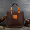 Genuine Leather Tote Bag Dark Brown Retro Crossbody Shoulder Handbag with Orange Accents - Coffee