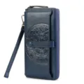 Blue leather long wallet for women with wrist strap, vintage embossed clutch purse - Royal Blue
