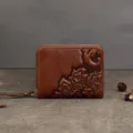 Vintage embossed genuine leather women wallet brown zipper coin purse compact card holder variant - Brown