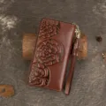 Women genuine leather long wallet retro embossed floral clutch purse with wrist strap. - Brown