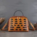 Vintage top layer leather shoulder bag, women's large capacity geometric brown handbag. - Black Brown