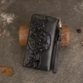 Genuine leather women's wallet vintage embossed black long clutch purse with wrist strap. - Black