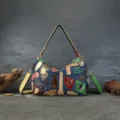 Retro colorful cowhide patchwork shoulder pillow bag, stylish denim casual handbag for women. - Denim Royal Blue