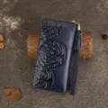 Genuine leather women wallet retro embossed long clutch bag with wrist strap navy blue - Sapphire Blue