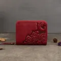 Vintage genuine leather women wallet with exquisite embossed floral pattern and zip around closure. - Red