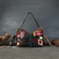 Vintage colorblock leather shoulder bag with irregular patchwork design for women. - Denim Multi-Black