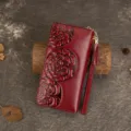 Genuine leather wallet women retro floral embossed long clutch red purse wrist strap - Red