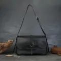 Black genuine leather retro crossbody bag for women, vintage shoulder bag with large capacity. - Black