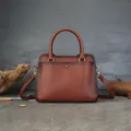 Brown genuine leather women handbag, vintage top handle tote bag with adjustable cross body strap. - Brown