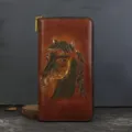 Genuine cowhide leather long wallet with retro embossed horse head, large capacity clutch. - Brown