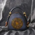 Vintage genuine leather women handbag, dome shoulder crossbody bag with retro mandala. - Graphite Grey