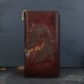 Genuine leather retro embossed horse long wallet with secure zip closure and card slots. - Brown