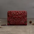 Vintage embossed leather zipper coin purse mini card holder wallet for women wine red - Red